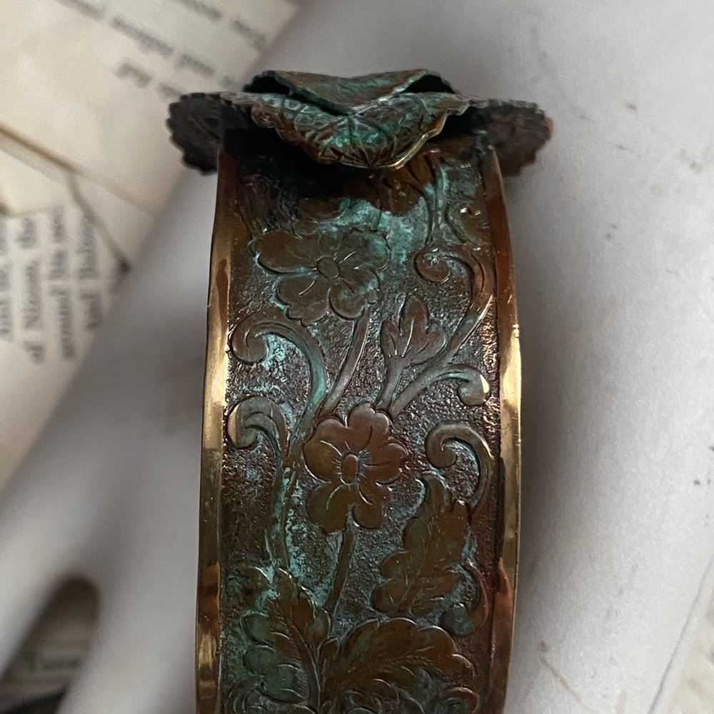 Verdigris Patina Solid Brass Double Leaf Cuff - A… - image 2
